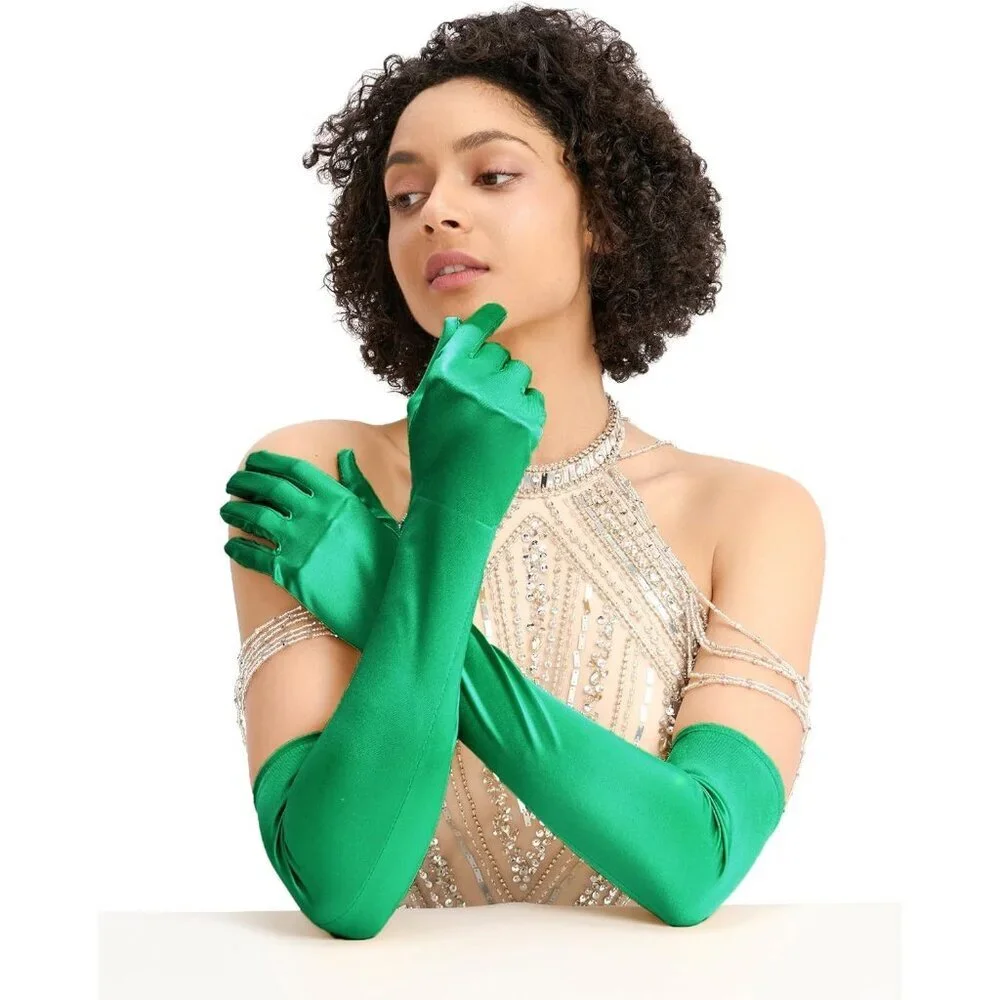 Women's Evening Green Long Satin Gloves Elbow Length Formal Party Prom Wear
